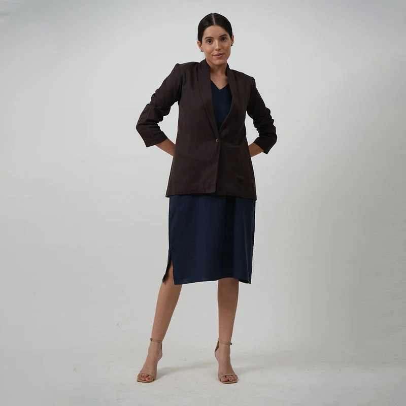 Tencel Midi Dress With Jacket | Navy Blue & Brown