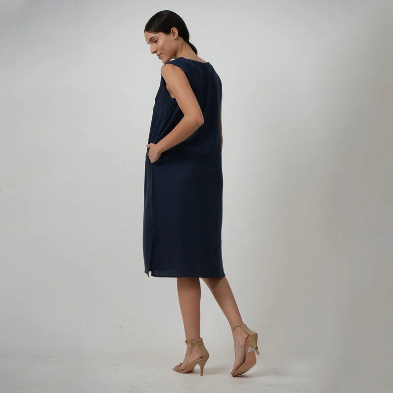 Tencel Midi Dress With Jacket | Navy Blue & Brown