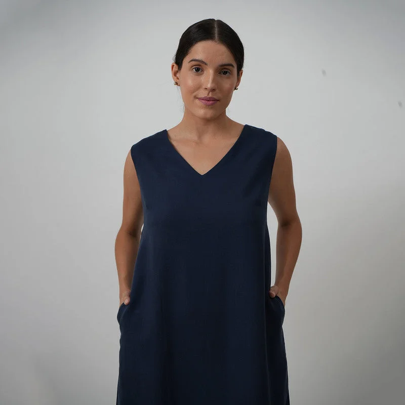 Tencel Midi Dress With Jacket | Navy Blue & Brown