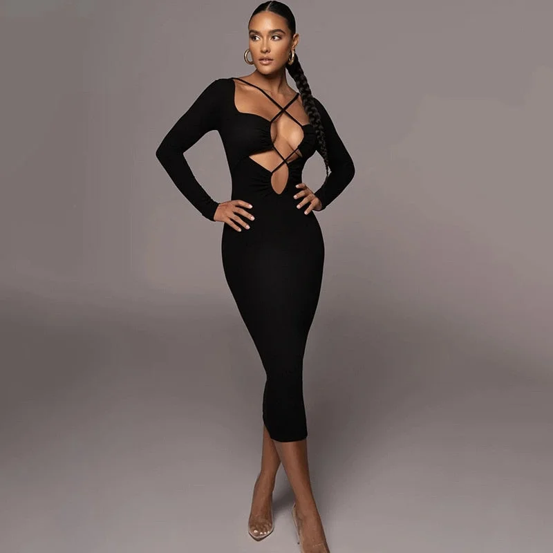 BerriesJam - Sexy Bandage Hollow Out Bodycon Long Sleeve Dress