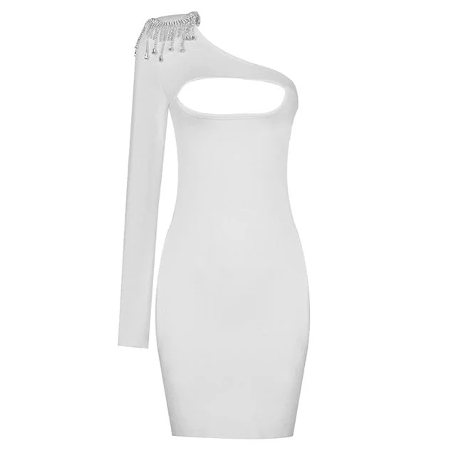 Amy Fashion - Sexy Beading One Shoulder Bodycon Mini Dress