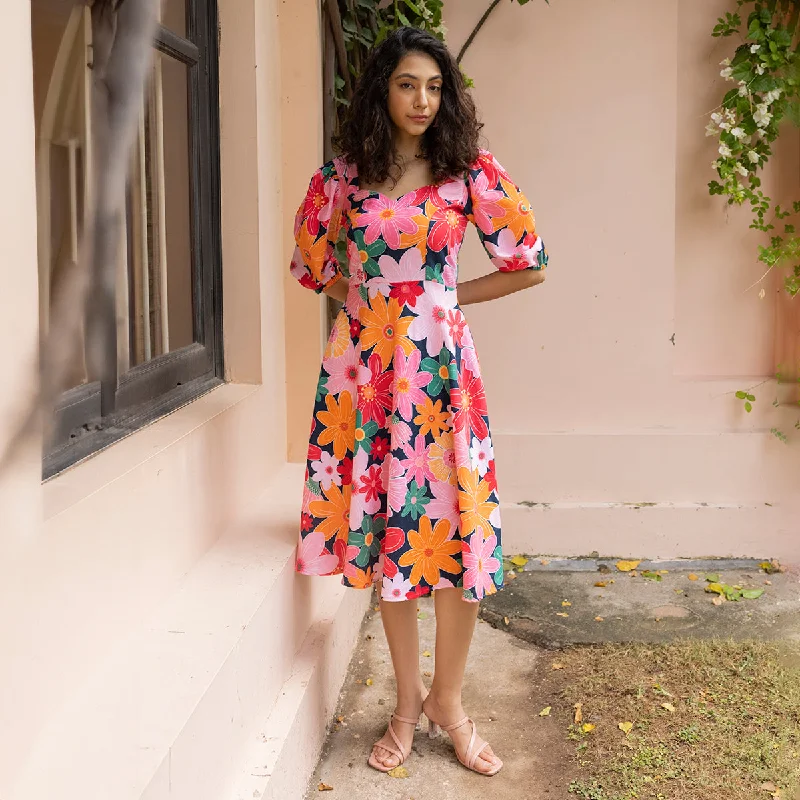 Organic Cotton Floral Midi Dress for Women | Pink