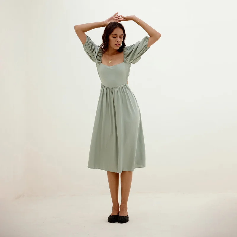 Tencel Midi Dress for Women | Back Tie-Up | Green