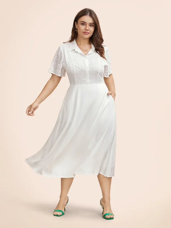 Shirt Collar Broderie Anglaise Midi Dress