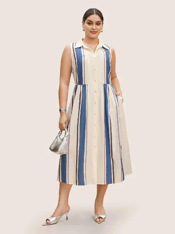 Shirt Collar Contrast Striped Sleeveless Midi Dress