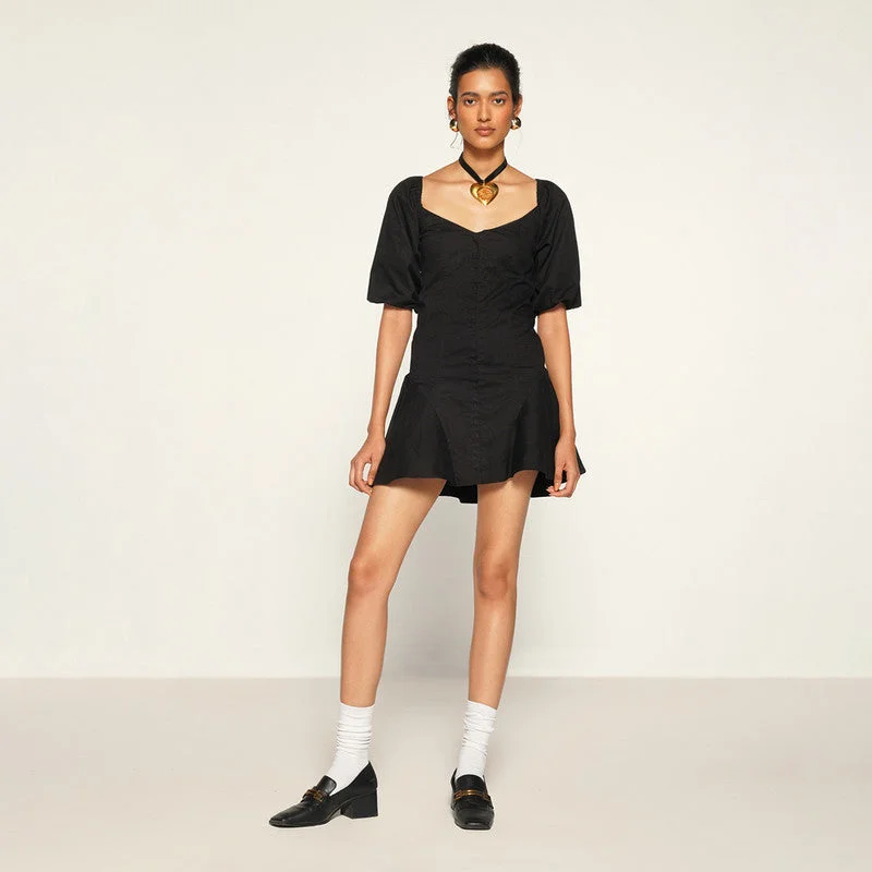 Cotton Black Mini Dress for Women | Puff Sleeves