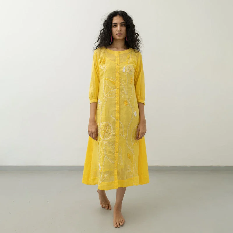 Crinkled Cotton Midi Dress | Embroidered | Yellow