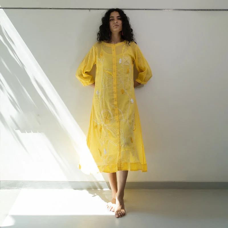 Crinkled Cotton Midi Dress | Embroidered | Yellow