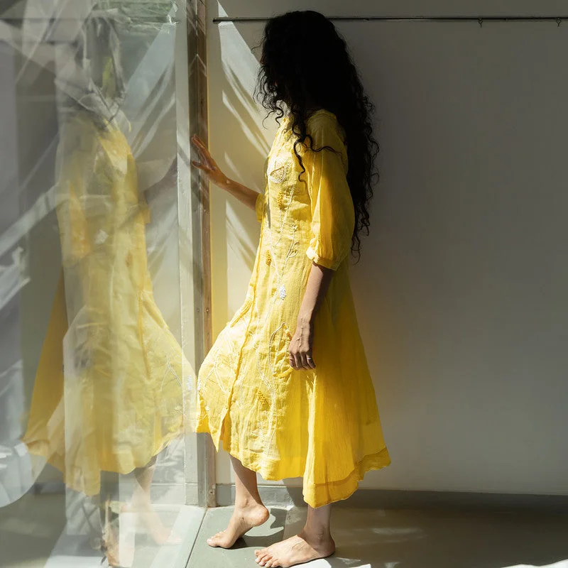 Crinkled Cotton Midi Dress | Embroidered | Yellow