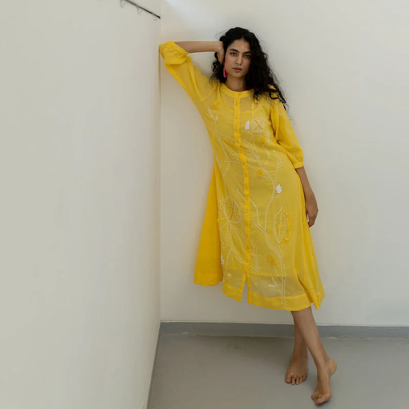 Crinkled Cotton Midi Dress | Embroidered | Yellow