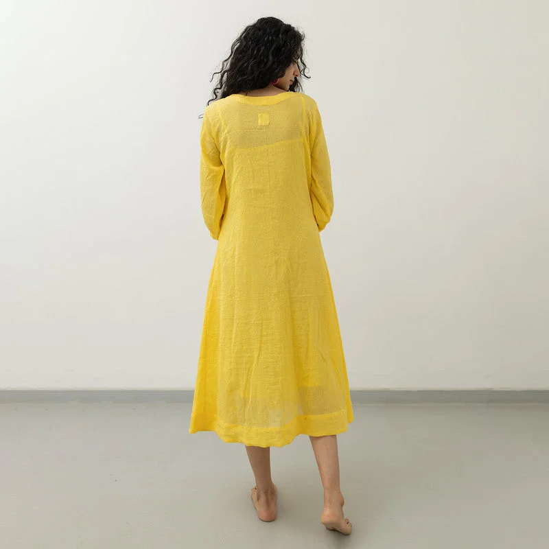 Crinkled Cotton Midi Dress | Embroidered | Yellow