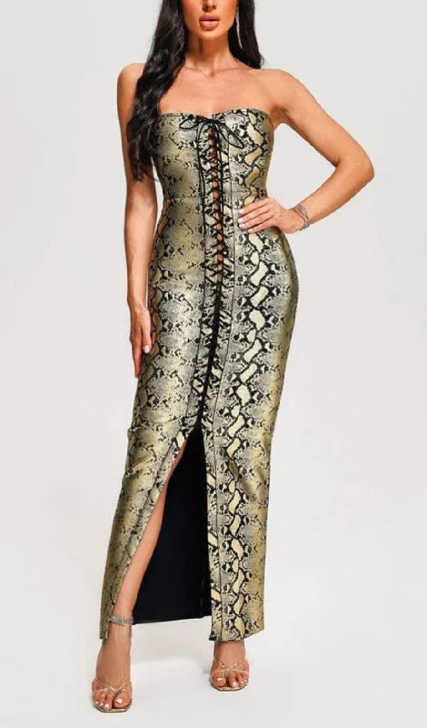 SNAKE PRINT LACE UP MIDI DRESS