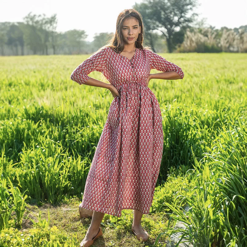 Cotton A-Line Maxi Dress for Women | Floral Handblock Printed | Maroon