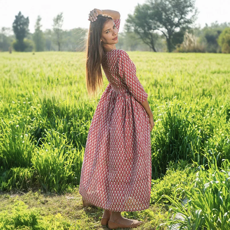 Cotton A-Line Maxi Dress for Women | Floral Handblock Printed | Maroon