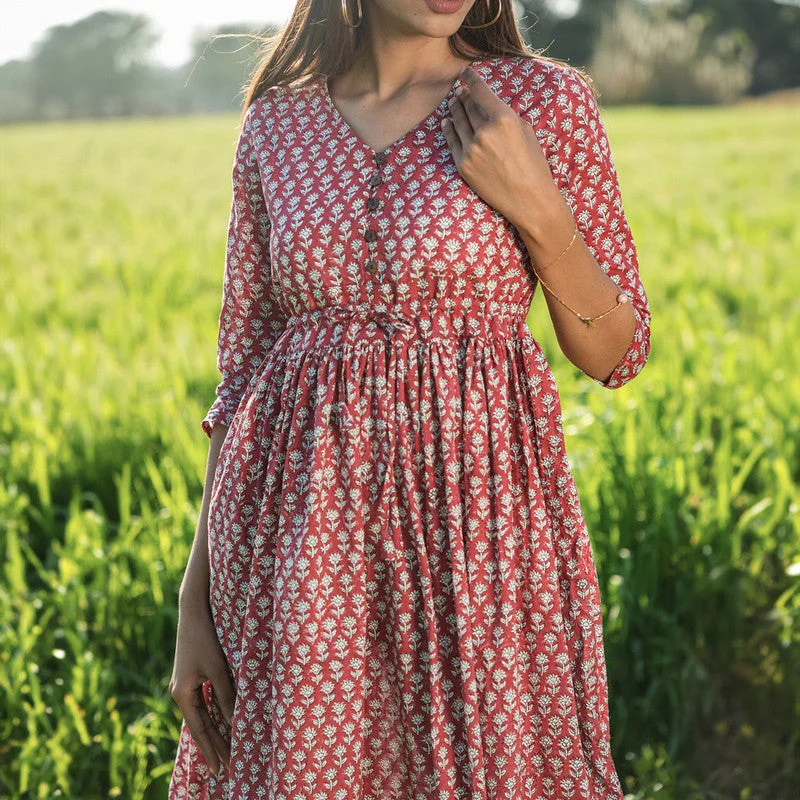 Cotton A-Line Maxi Dress for Women | Floral Handblock Printed | Maroon