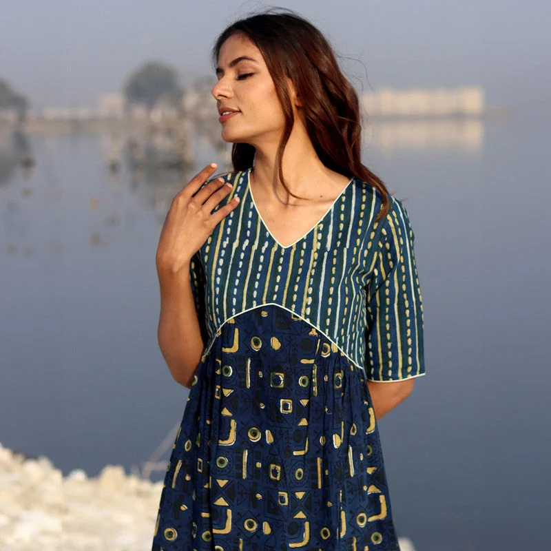 Cotton Indigo Maxi Dress for Women | Block Printed