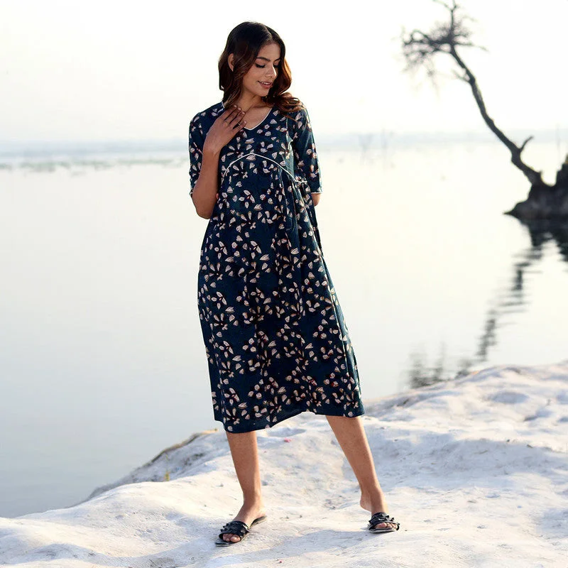 Cotton Maxi Dress for Women | Block Printed | Indigo Blue