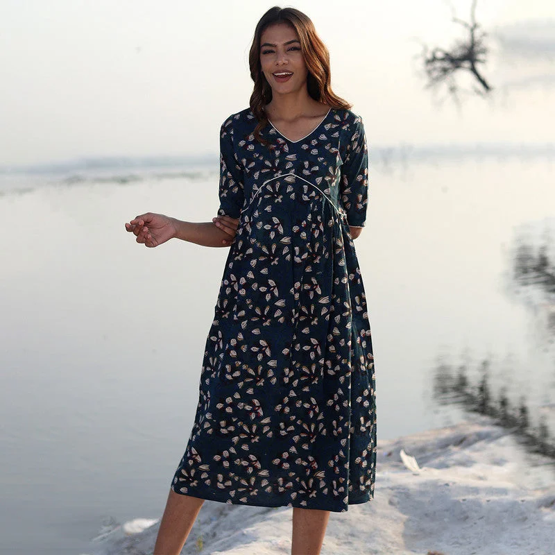 Cotton Maxi Dress for Women | Block Printed | Indigo Blue