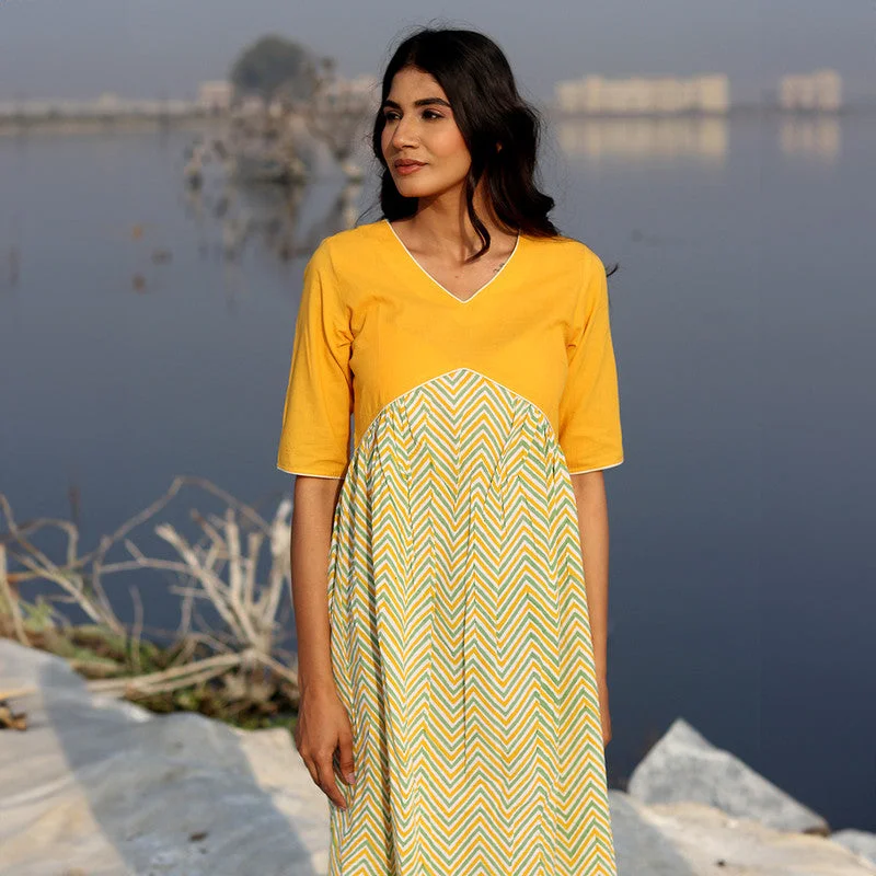 Cotton Maxi Dress for Women | Block Printed | Mustard