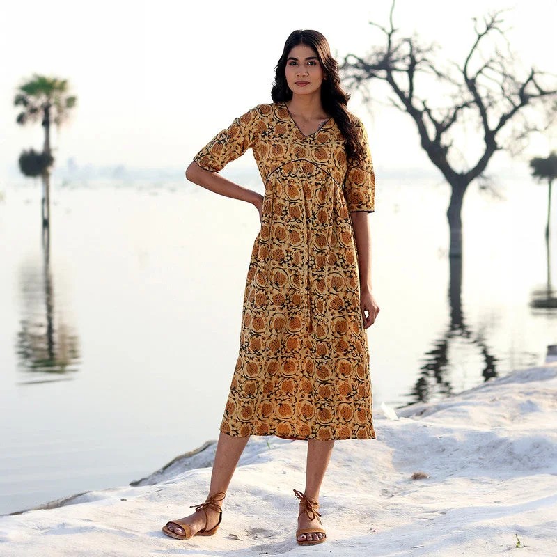 Cotton Maxi Dress for Women | Block Printed | Mustard