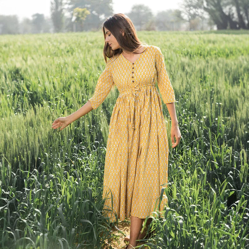 Cotton Maxi Dress for Women | Handblock Printed | Mustard