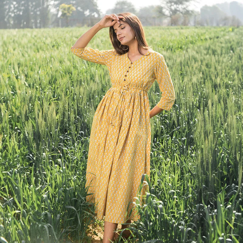 Cotton Maxi Dress for Women | Handblock Printed | Mustard