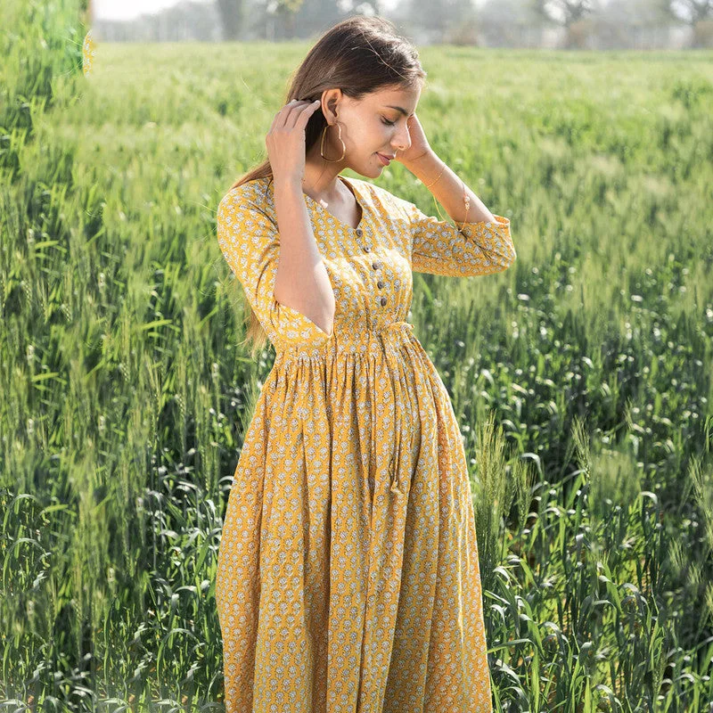 Cotton Maxi Dress for Women | Handblock Printed | Mustard