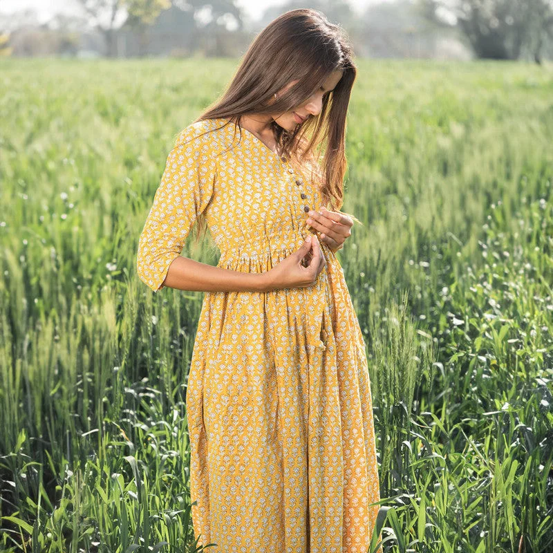 Cotton Maxi Dress for Women | Handblock Printed | Mustard