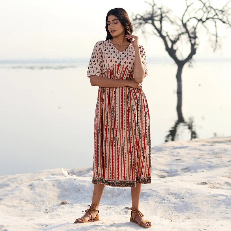 Cotton Maxi Dress | Handblock Printed | Half Sleeves | Ecru