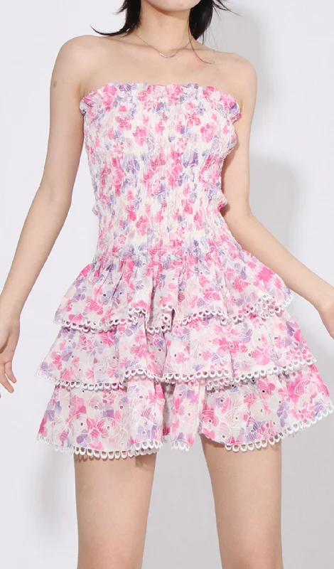 STRAPLESS FLORAL RUFFLE MINI DRESS IN PINK