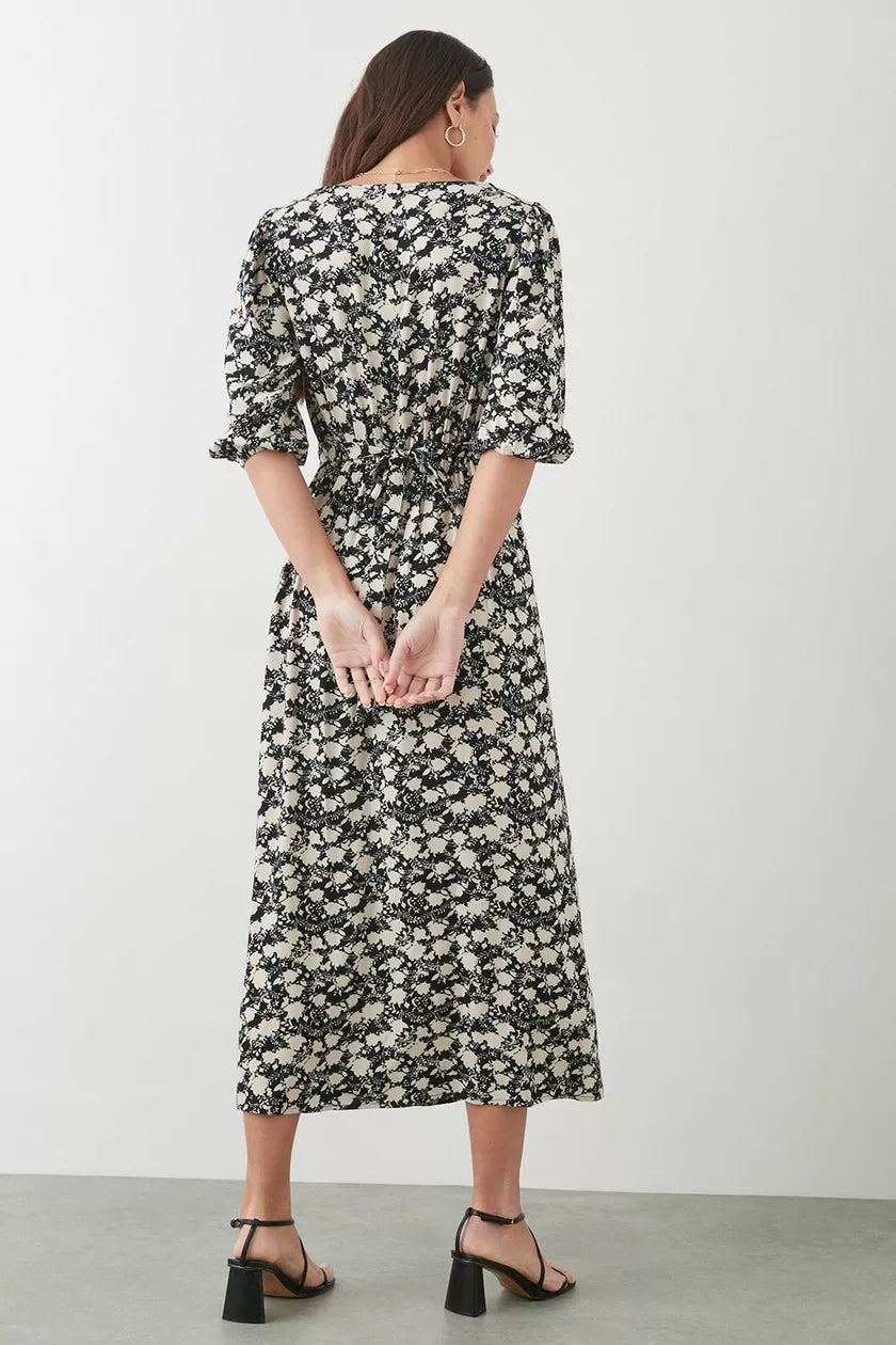 Tall Mono Ditsy Floral Button Through Midi Dress