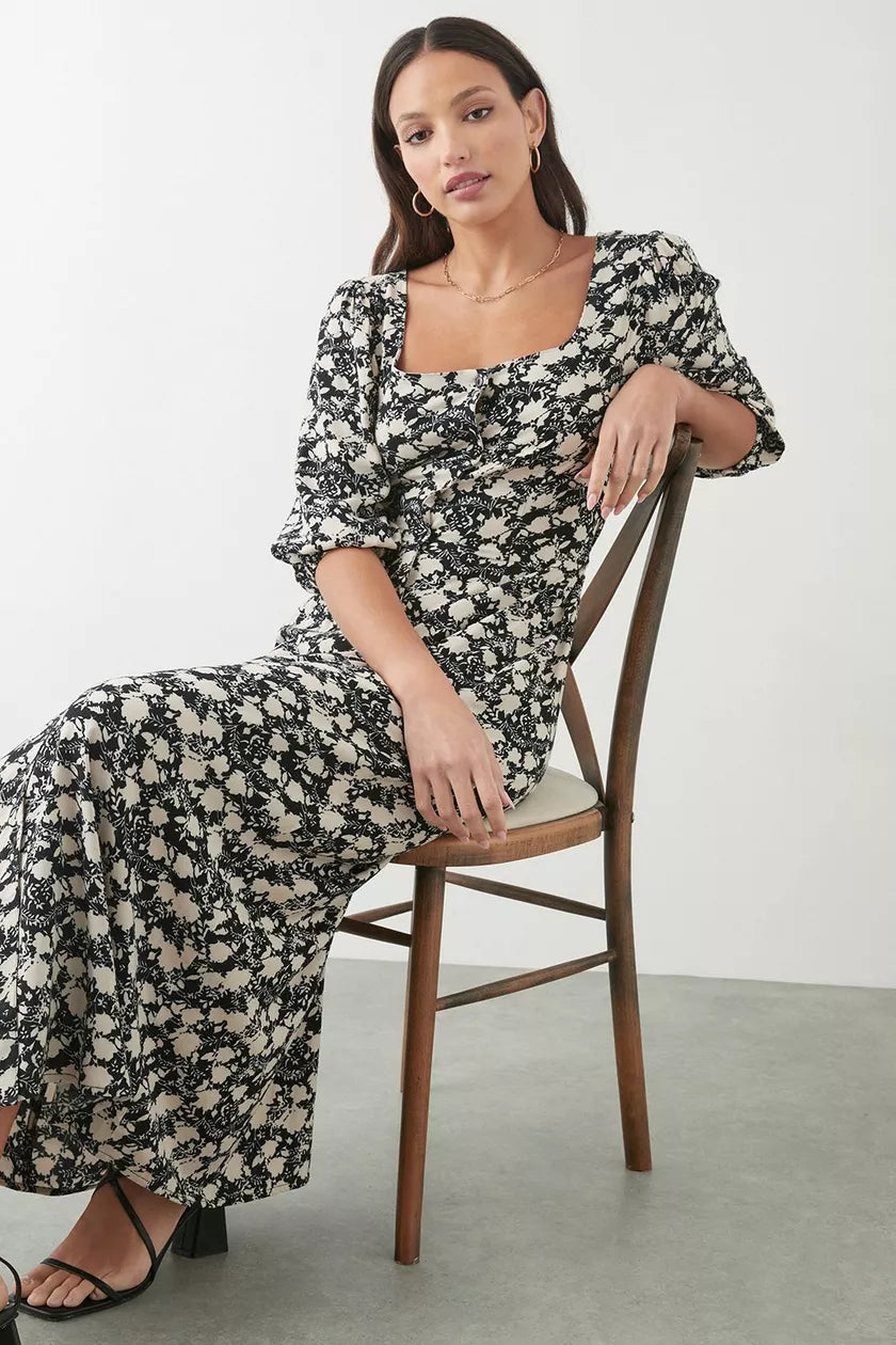 Tall Mono Ditsy Floral Button Through Midi Dress