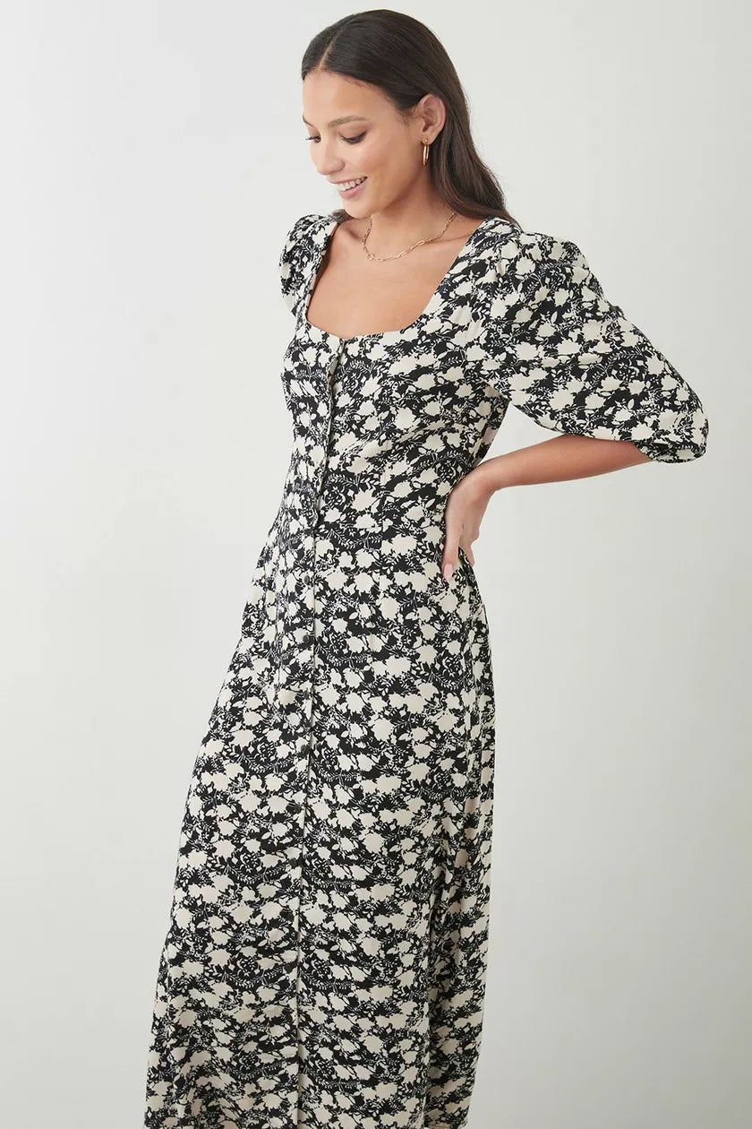 Tall Mono Ditsy Floral Button Through Midi Dress