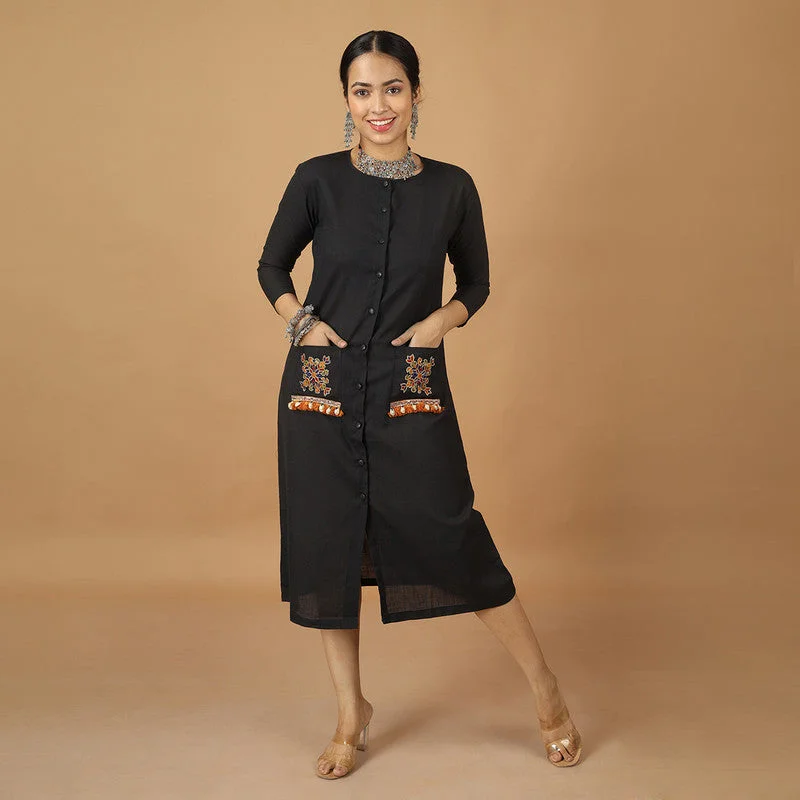 Cotton Midi Dress | Hand Embroidered | Black