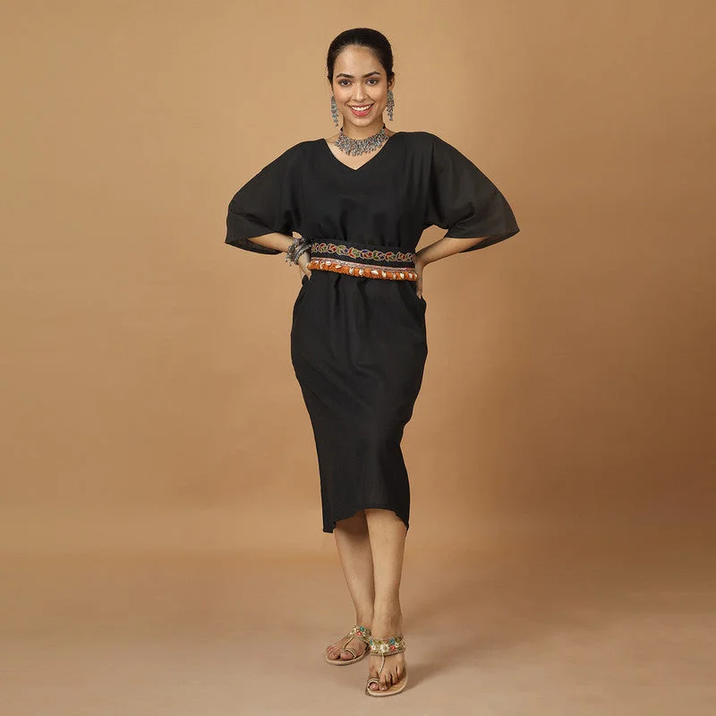 Cotton Midi Dress With Belt | Black