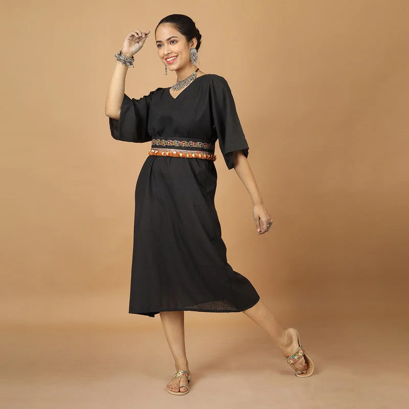 Cotton Midi Dress With Belt | Black