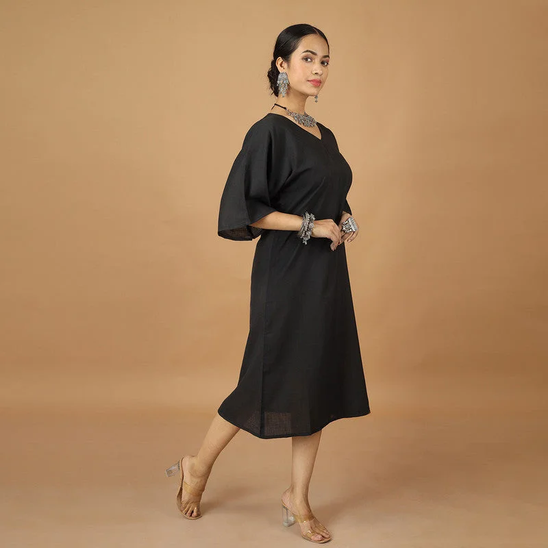 Cotton Midi Dress With Belt | Black