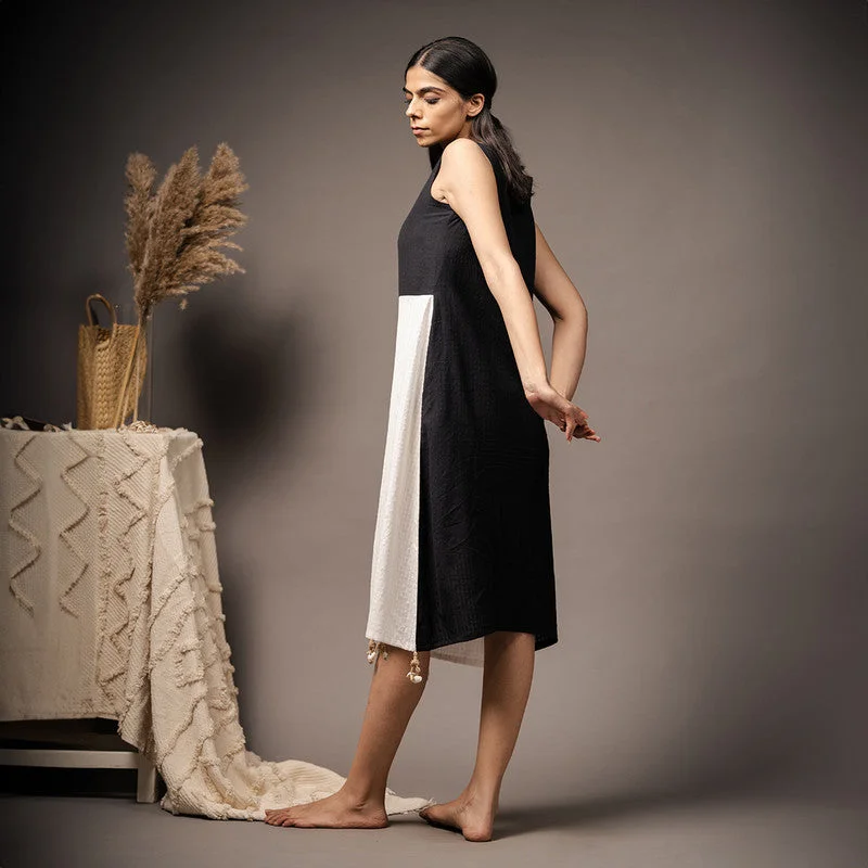 Black & White Cotton Midi Dress | Hand Embroidered