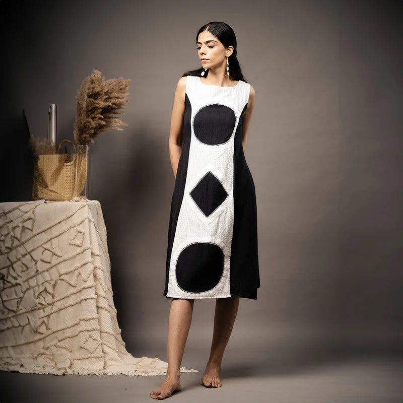 Cotton Black & White Midi Dress | Hand Embroidered