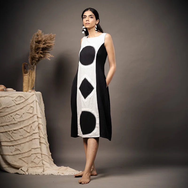 Cotton Black & White Midi Dress | Hand Embroidered