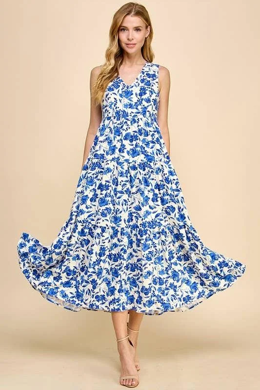 Blue & White Floral Midi Dress