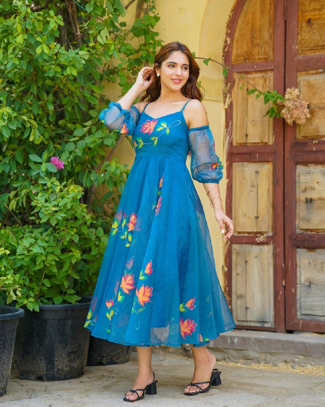 Teal Blue Handpainted Floral Maxi Dress