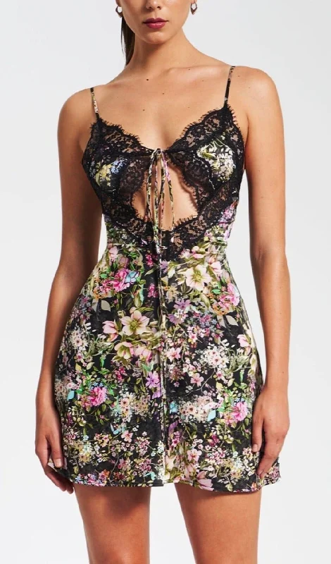 FLORAL PRINT SATIN MINI DRESS WITH LACE TRIM