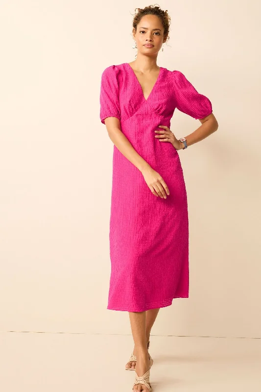 Textured Puff Sleeve Midi Dress Pink