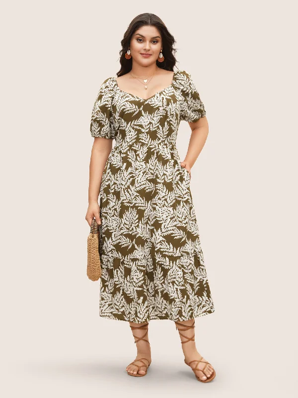 Tropical Print Lantern Sleeve Midi Dress