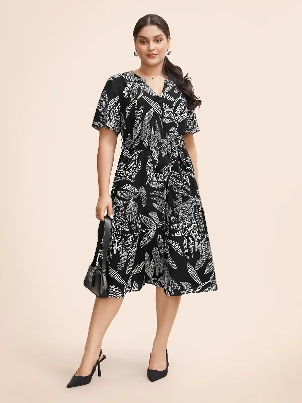 Tropical Print Notched Belted Midi Dress