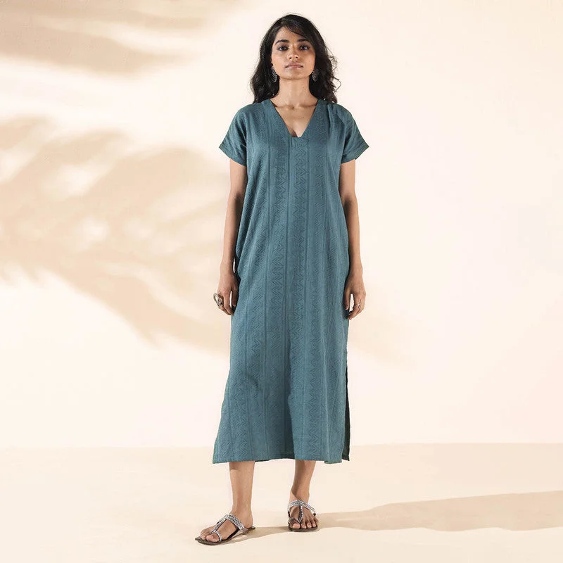 Cotton Dobby Midi Dress for Women | Turquoise | Half Sleeves