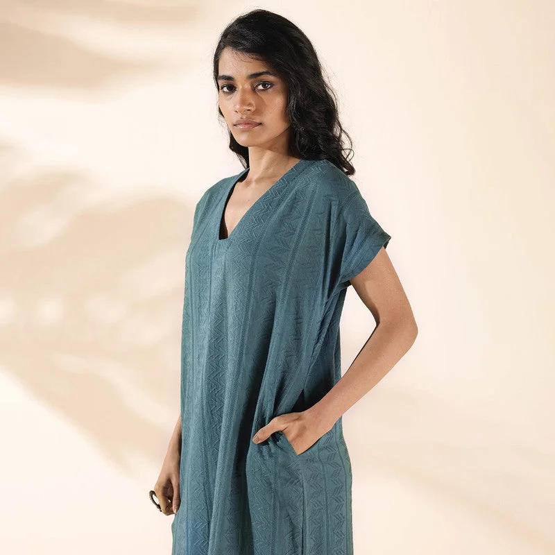 Cotton Dobby Midi Dress for Women | Turquoise | Half Sleeves