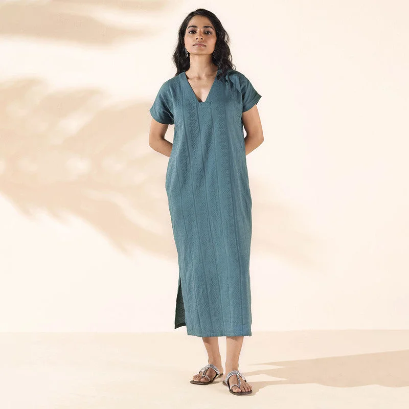 Cotton Dobby Midi Dress for Women | Turquoise | Half Sleeves