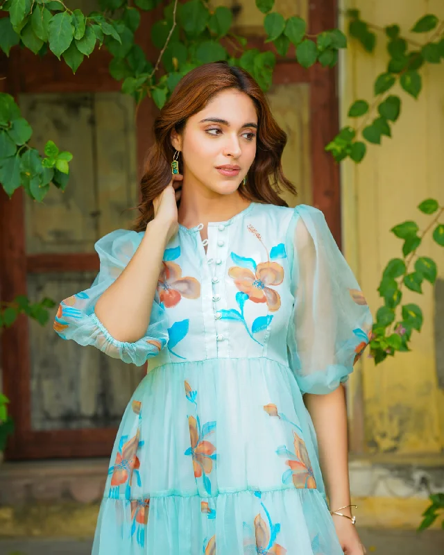 Turquoise Floral handpainted Maxi Dress